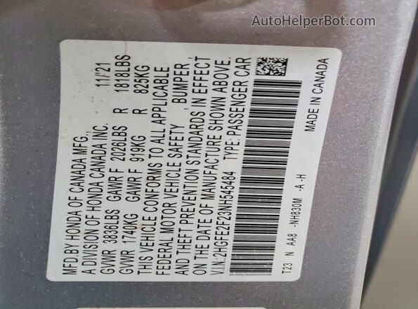 2HGFE2F23NH545484 2022 HONDA CIVIC Gray Вид підкапотного простору
