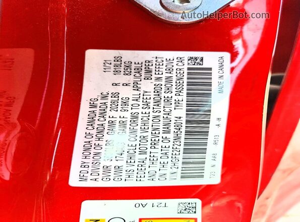 2HGFE2F23NH548014 2022 HONDA CIVIC Red Engine compartment view