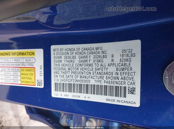 2HGFE2F23NH583605 2022 HONDA CIVIC Blue ძრავის განყოფილების ხედი
