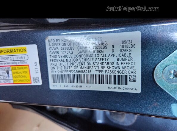 2HGFE2F23RH585215 2024 HONDA CIVIC Charcoal Շարժիչի բաժամունքի տեսք