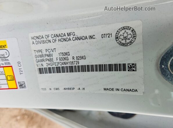 2HGFE2F24NH106729 2022 HONDA CIVIC Белый Вид наклейки с VIN-кодом
