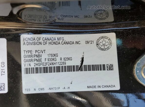 2HGFE2F24NH112269 2022 HONDA CIVIC Gray Vista de la etiqueta del VIN