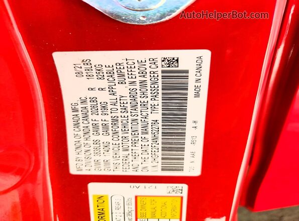 2HGFE2F24NH522764 2022 HONDA CIVIC Красный Вид наклейки с VIN-кодом