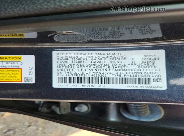 2HGFE2F24NH526202 2022 HONDA CIVIC Black Engine compartment view