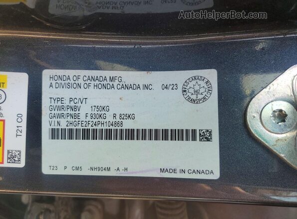 2HGFE2F24PH104868 2023 HONDA CIVIC Charcoal Widok naklejki z numerem VIN