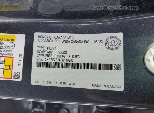 2HGFE2F24PH110282 2023 HONDA CIVIC Black Vista de la etiqueta del VIN