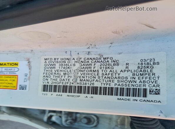2HGFE2F24PH538126 2023 HONDA CIVIC White VIN კოდის სტიკერის ხედი