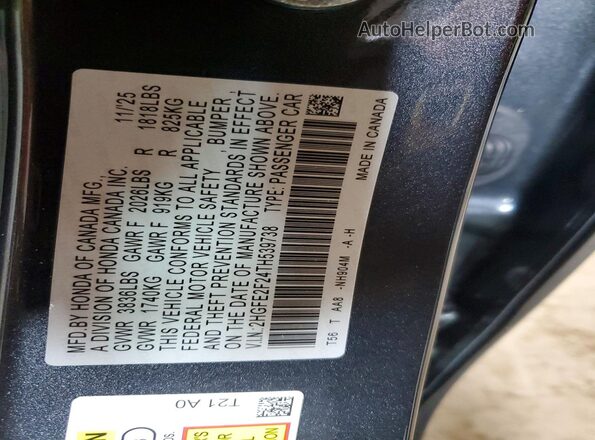 2HGFE2F24TH539738 2026 HONDA CIVIC Charcoal VIN კოდის სტიკერის ხედი