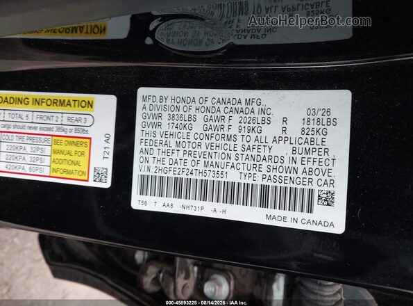2HGFE2F24TH573551 2026 HONDA CIVIC Черный Вид подкапотного пространства