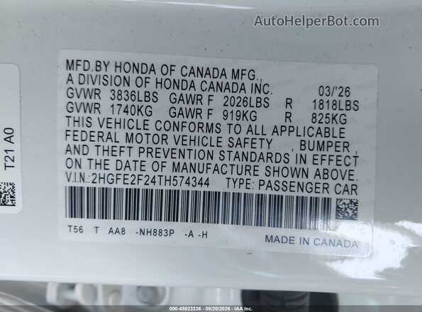 2HGFE2F24TH574344 2026 HONDA CIVIC White Engine compartment view