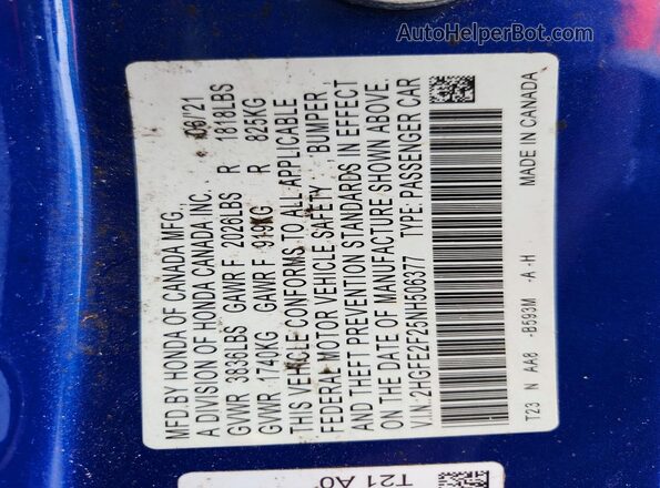 2HGFE2F25NH506377 2022 HONDA CIVIC Blue ძრავის განყოფილების ხედი