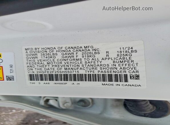2HGFE2F25SH550715 2025 HONDA CIVIC White Շարժիչի բաժամունքի տեսք