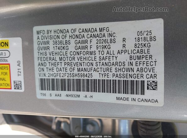 2HGFE2F25SH598425 2025 HONDA CIVIC Silver Vista del compartimento del motor
