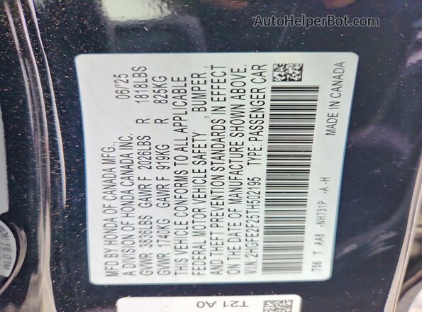 2HGFE2F25TH502195 2026 HONDA CIVIC Black Widok komory silnika