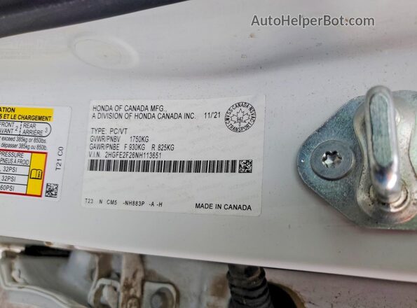 2HGFE2F26NH113651 2022 HONDA CIVIC White Շարժիչի բաժամունքի տեսք