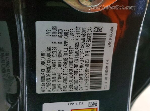 2HGFE2F26NH518683 2022 HONDA CIVIC Black Vista del compartimento del motor