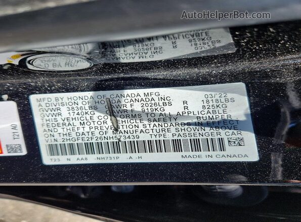 2HGFE2F26NH573439 2022 HONDA CIVIC Black Engine compartment view