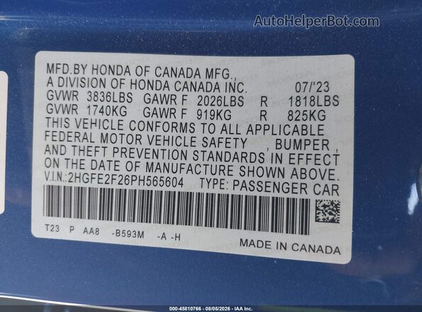 2HGFE2F26PH565604 2023 HONDA CIVIC Blue Engine compartment view