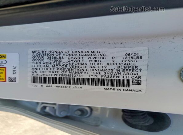 2HGFE2F26RH583751 2024 HONDA CIVIC White Widok komory silnika