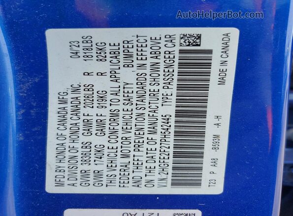 2HGFE2F27PH542445 2023 HONDA CIVIC Blue ძრავის განყოფილების ხედი