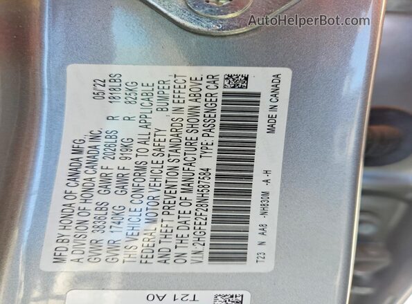 2HGFE2F28NH587584 2022 HONDA CIVIC Silver VIN sticker view