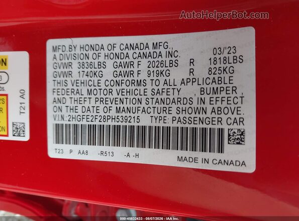 2HGFE2F28PH539215 2023 HONDA CIVIC Red Engine compartment view