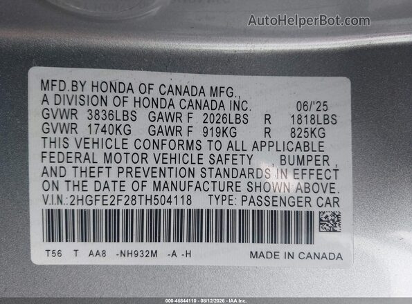2HGFE2F28TH504118 2026 HONDA CIVIC Silver Շարժիչի բաժամունքի տեսք