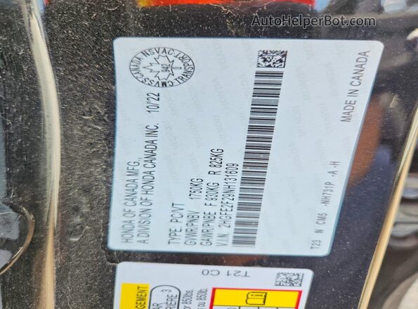 2HGFE2F29NH131609 2022 HONDA CIVIC Black Вид наклейки з VIN-кодом