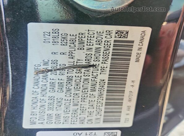 2HGFE2F29NH564024 2022 HONDA CIVIC Black Շարժիչի բաժամունքի տեսք