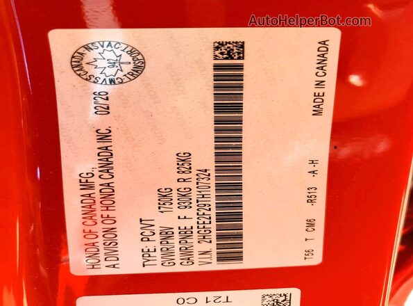 2HGFE2F29TH107324 2026 HONDA CIVIC Red VIN კოდის სტიკერის ხედი
