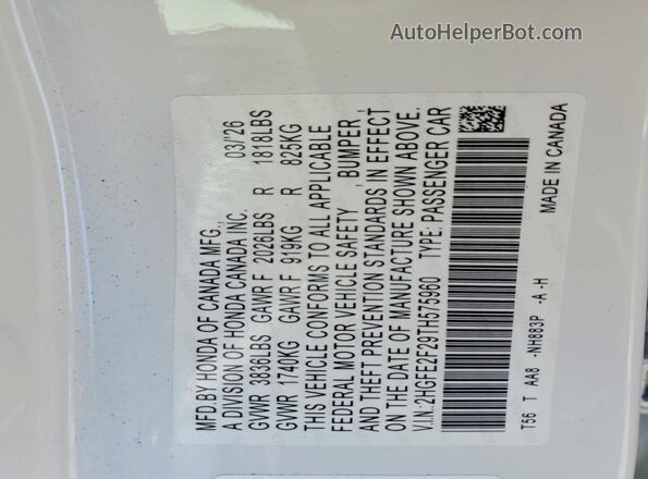 2HGFE2F29TH575960 2026 HONDA CIVIC White Vista de la etiqueta del VIN