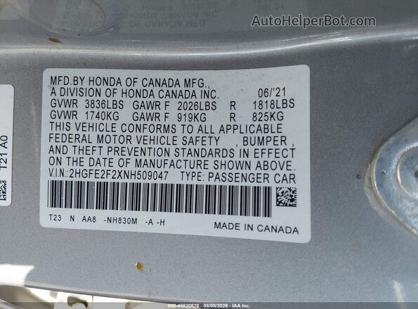 2HGFE2F2XNH509047 2022 HONDA CIVIC Silver Widok komory silnika