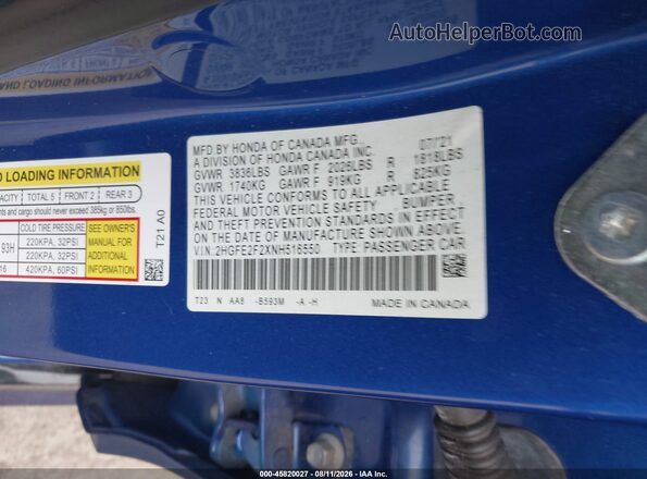 2HGFE2F2XNH516550 2022 HONDA CIVIC Blue Widok komory silnika
