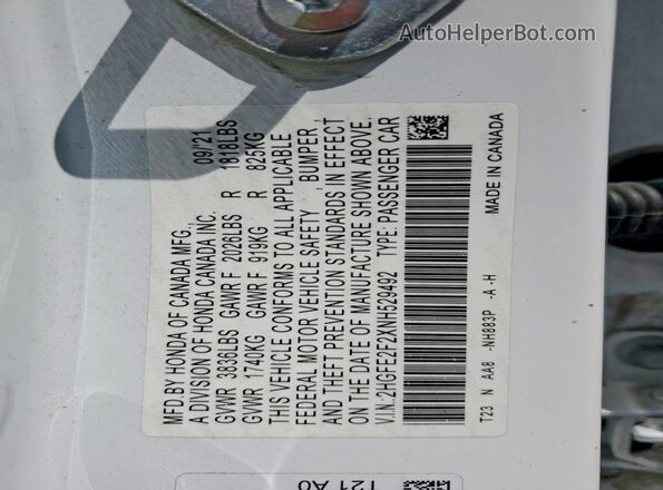 2HGFE2F2XNH529492 2022 HONDA CIVIC White Engine compartment view