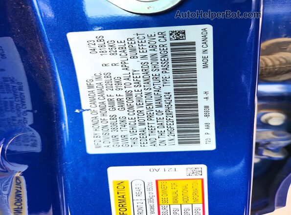 2HGFE2F2XPH542424 2023 HONDA CIVIC Blue Widok komory silnika