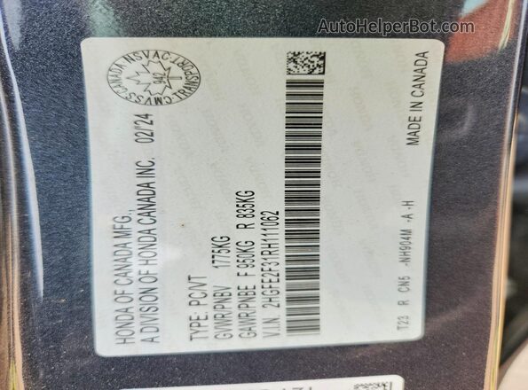 2HGFE2F31RH111062 2024 HONDA CIVIC Gray VIN კოდის სტიკერის ხედი