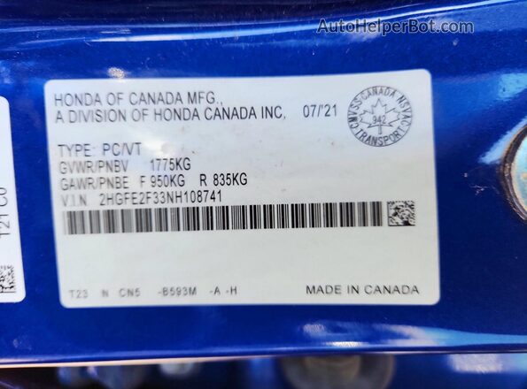 2HGFE2F33NH108741 2022 HONDA CIVIC Blue Engine compartment view