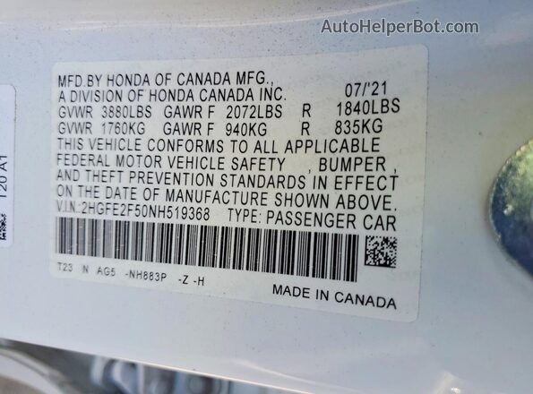 2HGFE2F50NH519368 2022 HONDA CIVIC White Vista del compartimento del motor