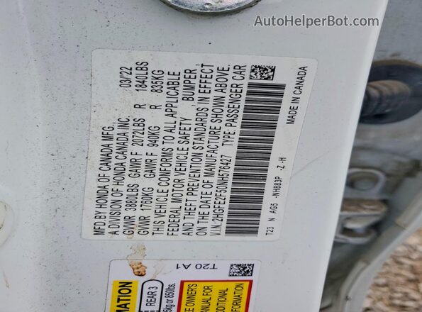 2HGFE2F50NH576427 2022 HONDA CIVIC White Շարժիչի բաժամունքի տեսք