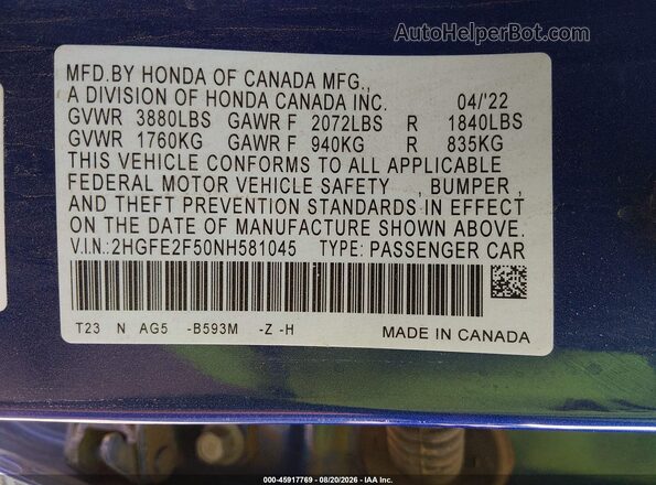 2HGFE2F50NH581045 2022 HONDA CIVIC Blue Շարժիչի բաժամունքի տեսք
