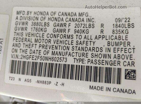 2HGFE2F50NH602573 2022 HONDA CIVIC Белый Вид подкапотного пространства
