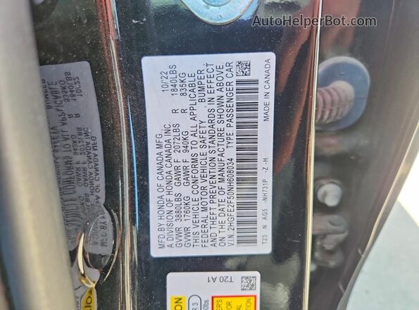 2HGFE2F50NH608034 2022 HONDA CIVIC Черный Вид наклейки с VIN-кодом