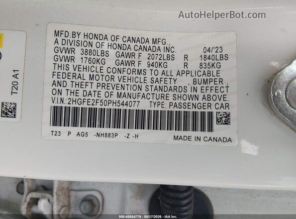 2HGFE2F50PH544077 2023 HONDA CIVIC White Vista del compartimento del motor