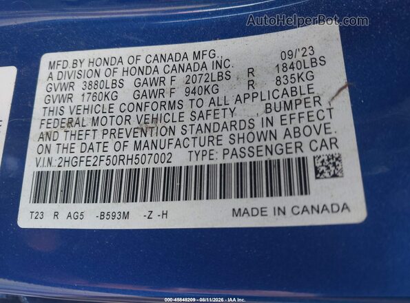 2HGFE2F50RH507002 2024 HONDA CIVIC Blue Вид підкапотного простору