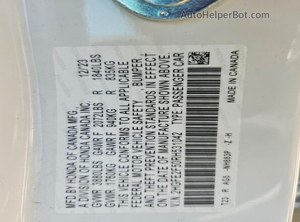 2HGFE2F50RH531042 2024 HONDA CIVIC Белый Вид подкапотного пространства