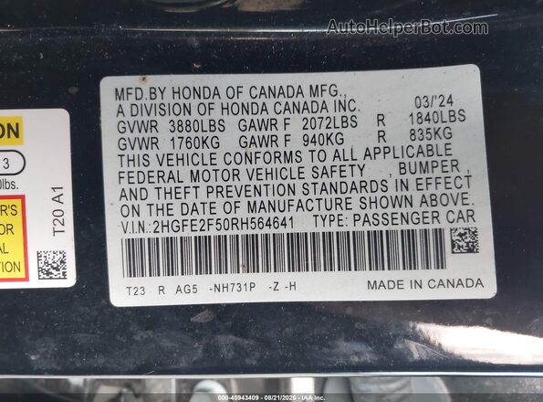2HGFE2F50RH564641 2024 HONDA CIVIC Black Вид підкапотного простору