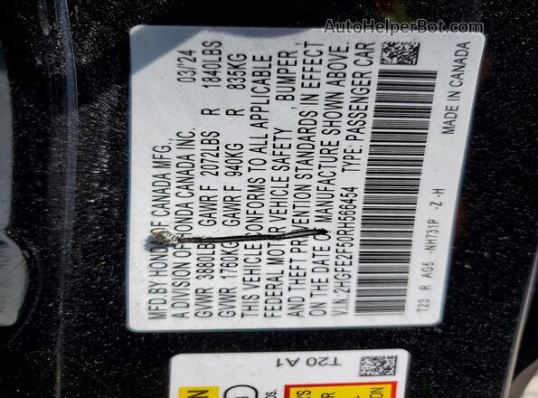 2HGFE2F50RH566454 2024 HONDA CIVIC Black Widok naklejki z numerem VIN