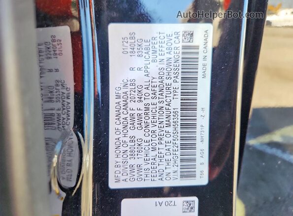 2HGFE2F50SH563561 2025 HONDA CIVIC Black Widok naklejki z numerem VIN