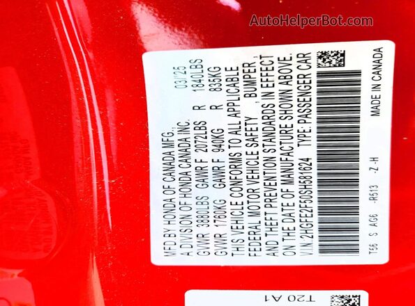 2HGFE2F50SH581624 2025 HONDA CIVIC Red VIN կոդի պիտակի տեսք