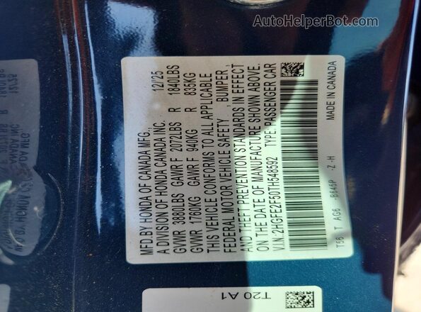 2HGFE2F50TH548592 2026 HONDA CIVIC Синий Вид наклейки с VIN-кодом